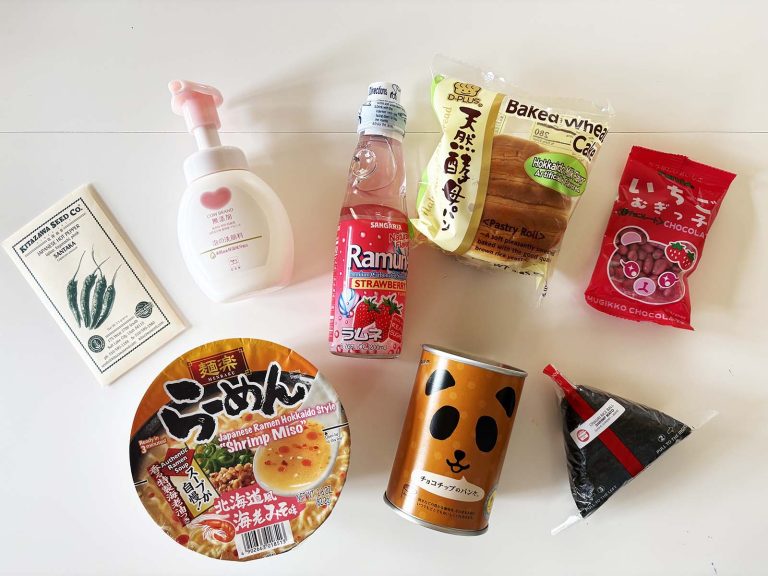 Japanese grocery haul from Gohan Market with ramen, snacks, drinks, beauty products, and panda can bread