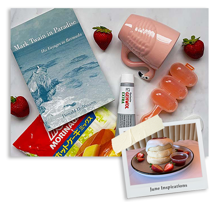 Currently Inspiring Me June favorites collage featuring a Bermuda travel book, flamingo mug, Japanese soufflé pancakes, strawberries, Gehwol foot cream, and rice ball maker.